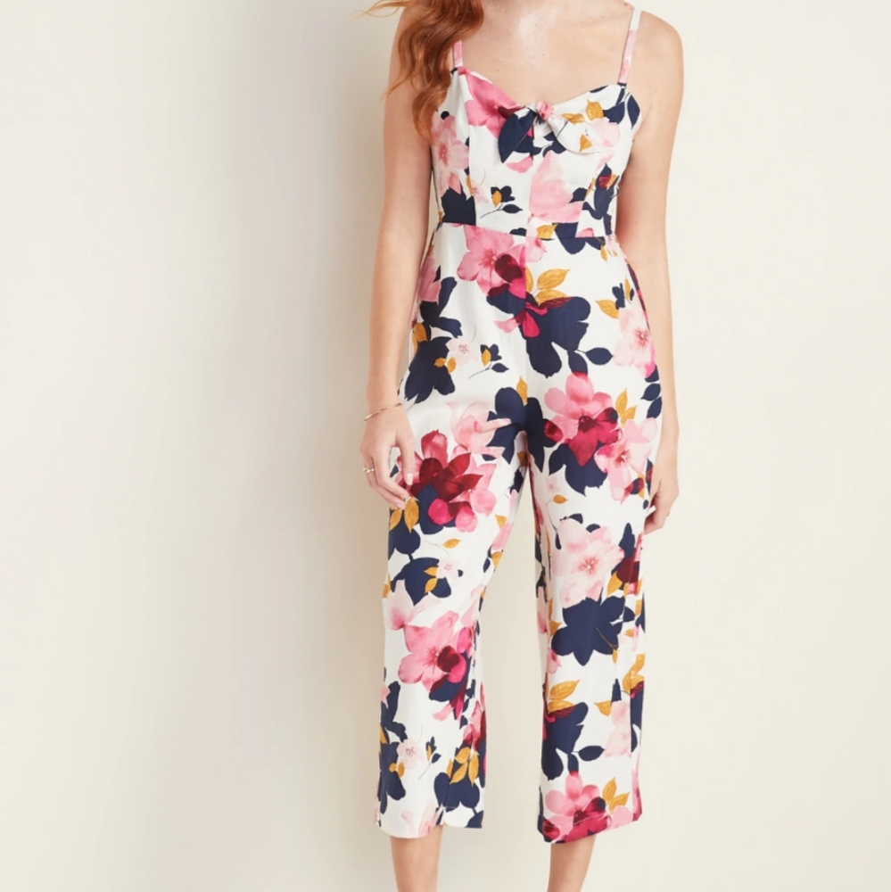 Old Navy Tie-front Linen Blend Cami Floral Jumpsuit